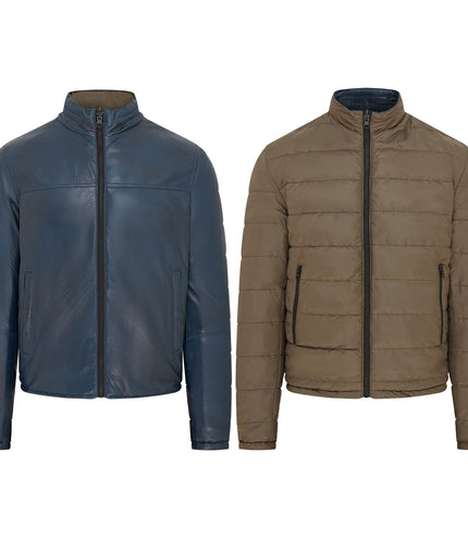 Mens Reversible Hooded Leather Jacket Premium Lambskin Napa - Blue/Khaki