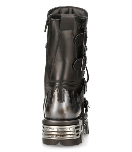 New Rock Flame Accented Black/Silver Leather Biker Boots - 107-S2