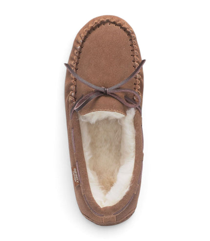 Women's Chestnut Tan Genuine Sheepskin Moccasin Winter Slippers - Aspen