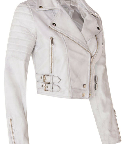 Womens Cropped Brando Leather Biker Jacket-Damascus - White