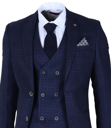 Men's Blue Plain Check 3 Piece Slim Fit Formal Wedding Suit