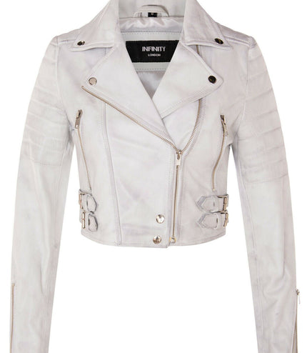 Womens Cropped Brando Leather Biker Jacket-Damascus - White