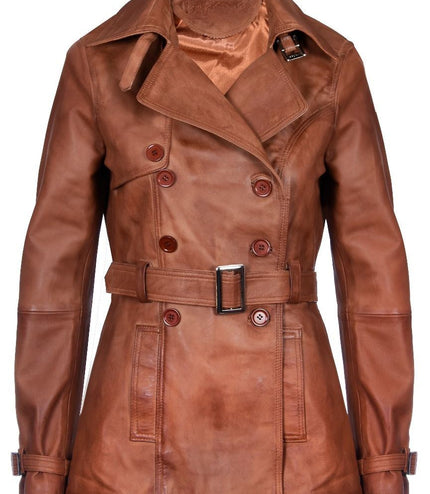 Womens Nappa Leather Trench Coat-Mosul - Tan