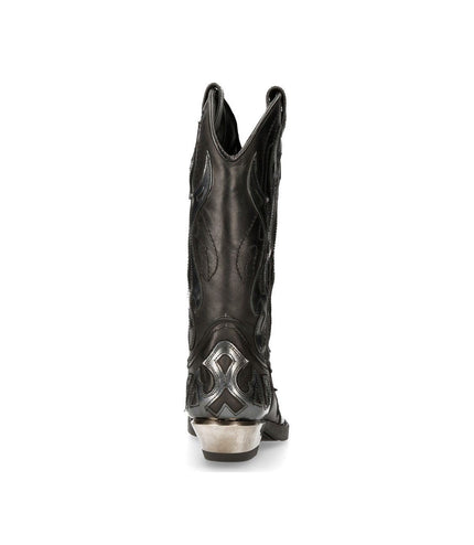New Rock Flame Accented Black/Silver Leather Biker Cowboy Boots- M-7921-S3