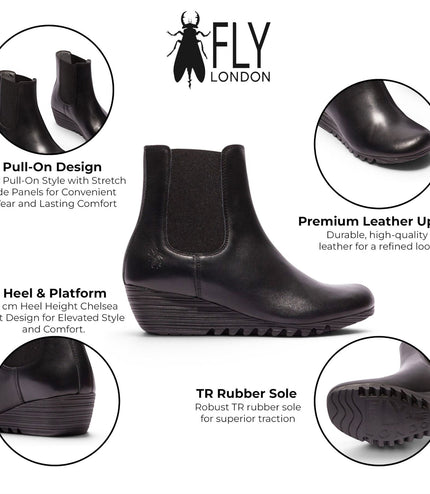 Fly London Womens Black Leather Wedge Heel Chelsea Boots - ORFU496
