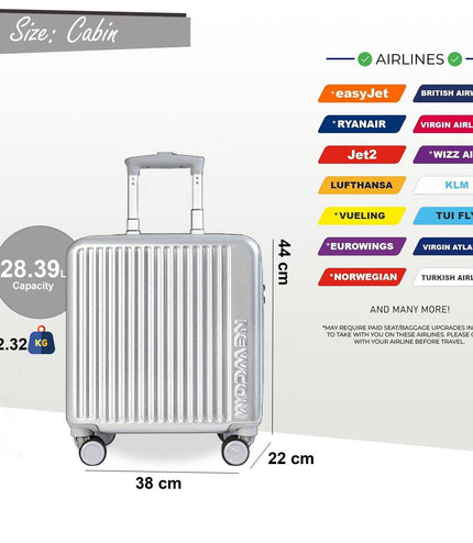 Hard Shell Cabin 44 x 22 x 38 cm Silver TSA Secure Luggage Suitcase Suitable for Easyjet, Ryanair