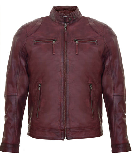 Mens Moto Leather Biker Jacket-Taiwan - Burgundy