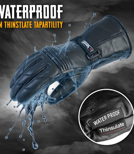 Men's Thermal Motorbike Black Leather Waterproof Biker Protection Gloves