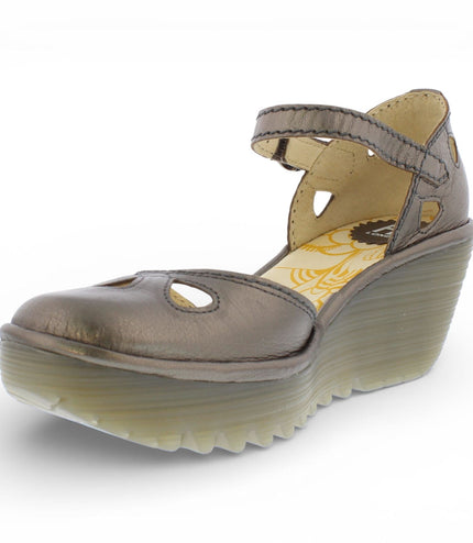 Fly London Women's Yuna Bronze Brown Leather Wedge Sandals