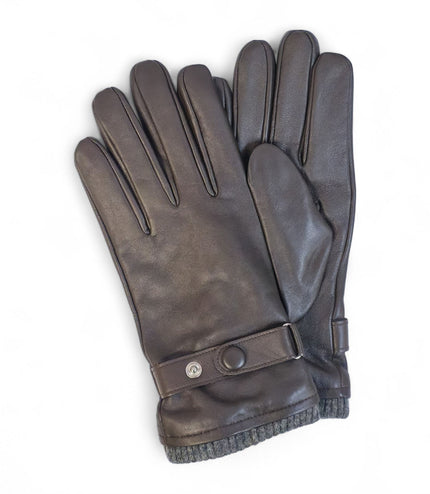 Men's Brown Italian Leather Warm Wool Lining Winter Knit Rib Gloves - M-LGV-105