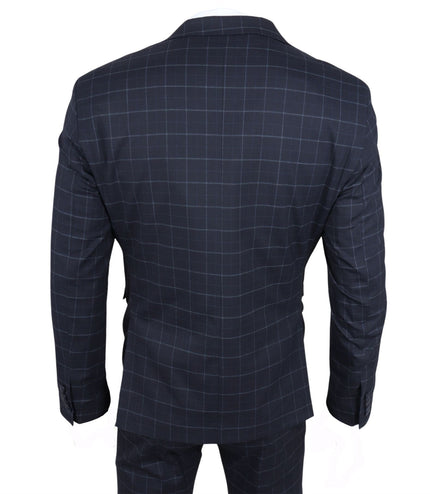 Men's Navy Checked 3 Piece Suit Tailored Fit