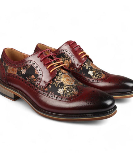 Justin Reess Men's Wine Leather Floral Print Brogue Dress Shoes - Ross