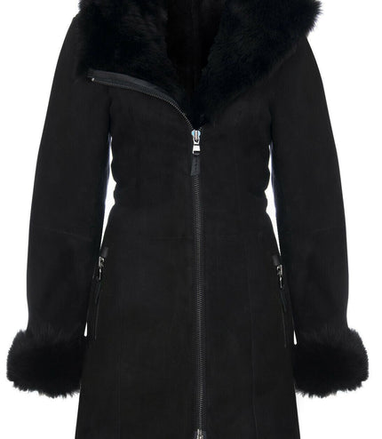 Ladies Suede Merino Sheepskin Coat-Samara - Black