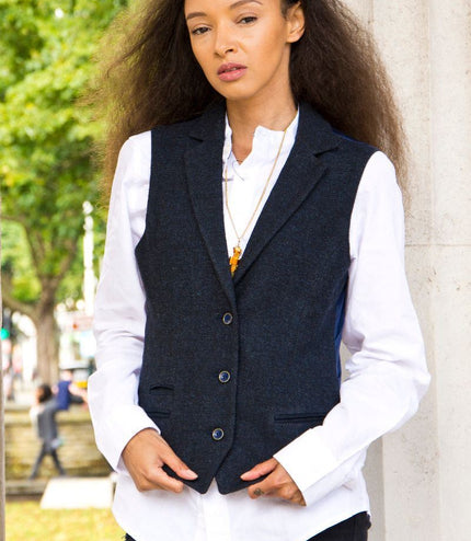 Womens Tweed 1920s Herringbone Navy Waistcoat