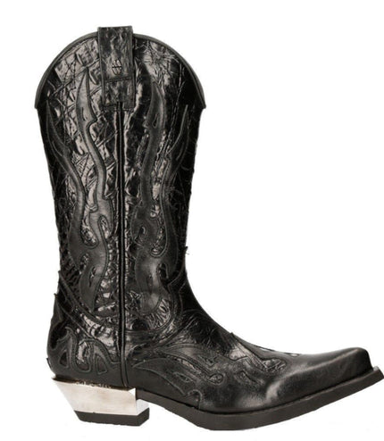 New Rock Flame Accented Black Leather Biker Cowboy Boots- M-7921-S1