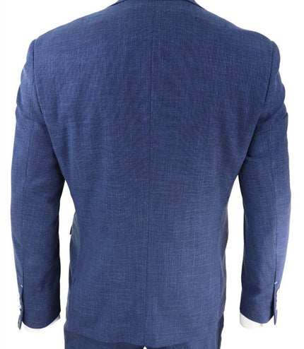 Mens 3 Piece Blue Linen Summer Spring Classic Suit
