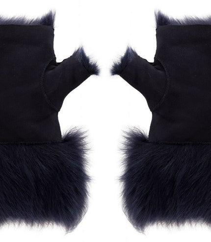 Womens Shearling  Mittens Fingerless Cuffs Toscana Suede Sheepskin Fur - Navy