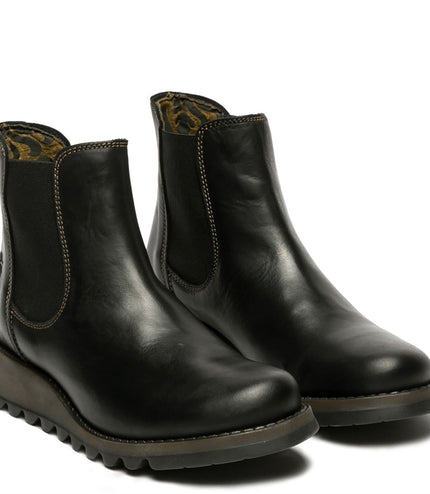 Fly London Womens Black Salv Chelsea Leather Ankle Casual Wedge Heel Boots