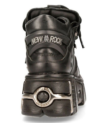 Back view of New Rock 106-S1 boots showing silver heel engraving