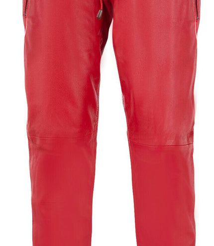 Mens  Leather Jogging Bottoms-Boston - Red