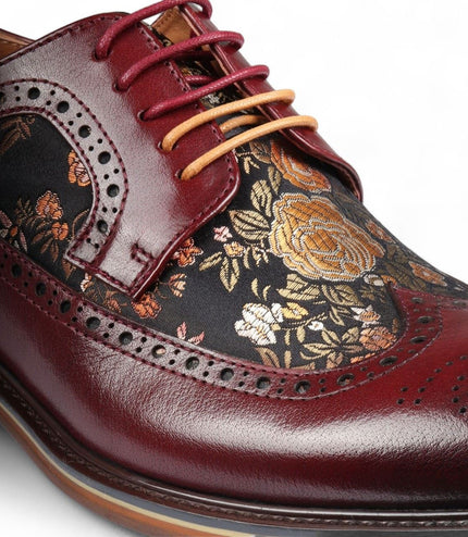 Justin Reess Men's Wine Leather Floral Print Brogue Dress Shoes - Ross