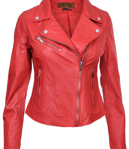 Womens Leather Classic Biker Brando Jacket-Baku - Red