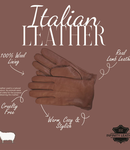 Men's Tan Brown Italian Leather Warm Wool Lining Winter Gloves - M-LGV-305