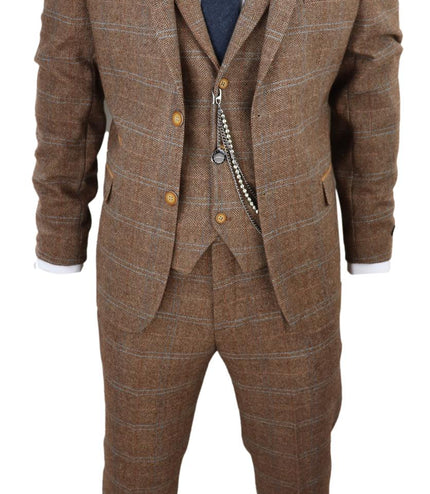 Mens 3 Piece Wool Suit Oak Brown Tweed Herringbone Check Peaky Blinders Gatsby