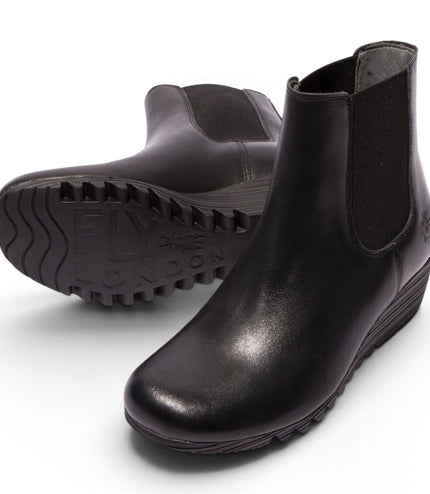 Fly London Womens Black Leather Wedge Heel Chelsea Boots - ORFU496
