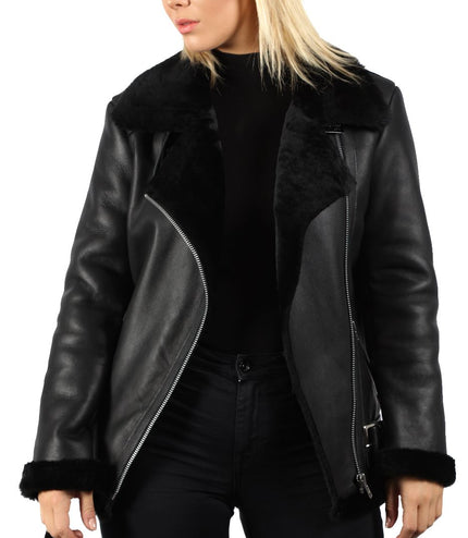 Womens Black Sheepskin Aviator Biker Jacket-Merida