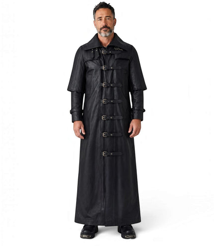 Mens Black Leather Full Length Buckle Gothic Long Trench Coat - Captain