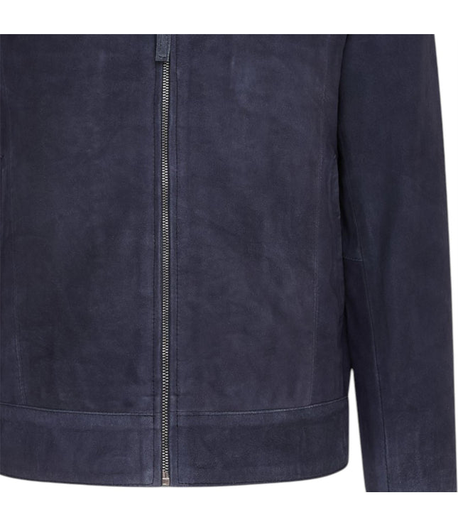Mens Retro Brown 100% Goat Suede Leather Harington Biker Jacket - Navy
