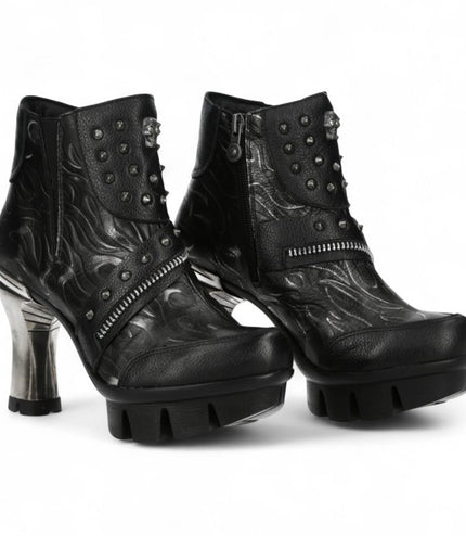 New Rock Womens Neopunk001-C19 Black Gothic Heeled Punk Leather Ankle Boots