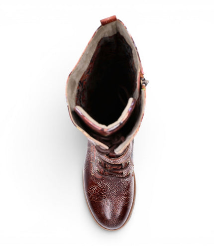 Laura Vita Women's Victorian Floral Maroon Leather High Lace-Up Long Boots - Cocrailo-82
