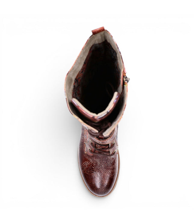 Laura Vita Women's Victorian Floral Maroon Leather High Lace-Up Long Boots - Cocrailo-82
