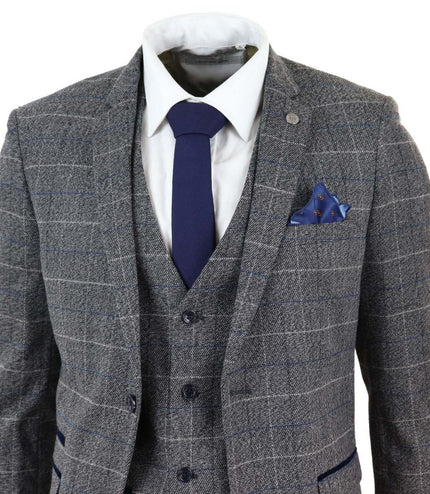Mens 3 Piece Grey With Blue Check Vintage Classic Suit