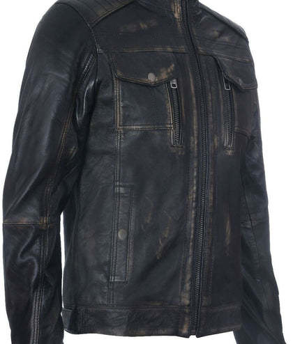 Men's Vintage Leather Biker Jacket-Cape Town - Black
