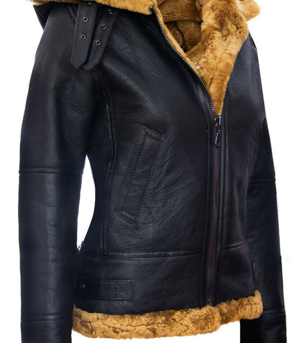 Womens Hooded Sheepskin Flying Leather Jacket-Palermo - Brown Ginger