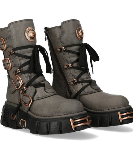 New Rock Grey Brown Leather Gothic Mid-Calf Biker Boots - M-373XL-C119