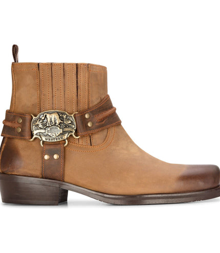 Mens Leather Cowboy Ankle Boots Brown Tan Biker Western Square Toe Hunting Boot