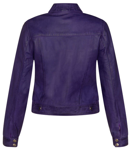 Womens Plain Leather Moto Biker Jacket-Braga - Purple