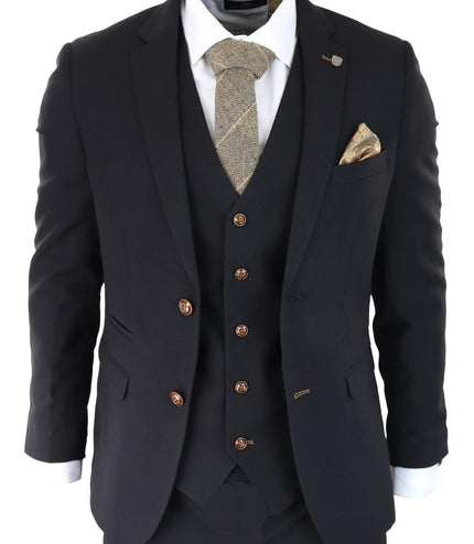 Mens Black 3 piece Suit Brown Trim Classic Birdseye Vintage Wedding Grooms