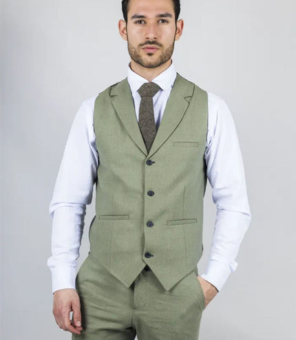 Men's Sage Green Tailor Fit 3 Piece Linen Summer Wedding Suit