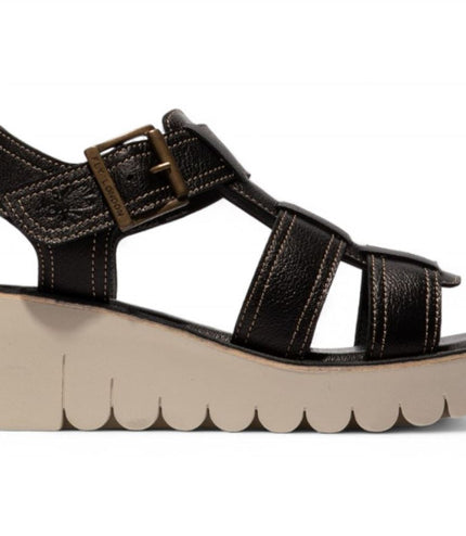 Fly London Women's Yudd236Fly Black Mousse Leather Wedge Sandals