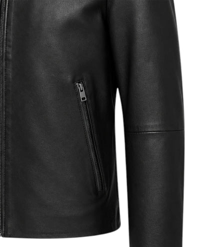 Mens Leather Black Stand Collar Cafe Racer Biker Jacket - E184