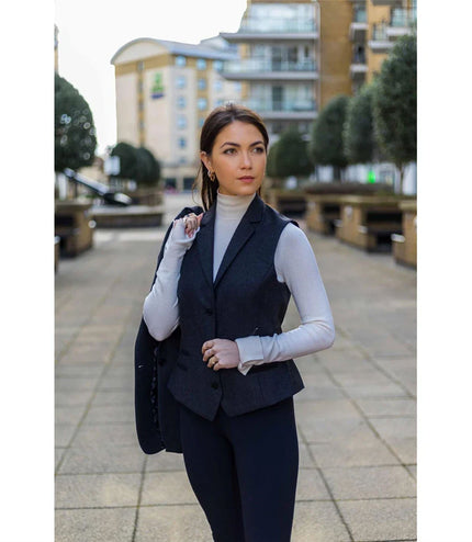 Womens Black Herringbone Check Tweed Waistcoat Wool Blend Vest
