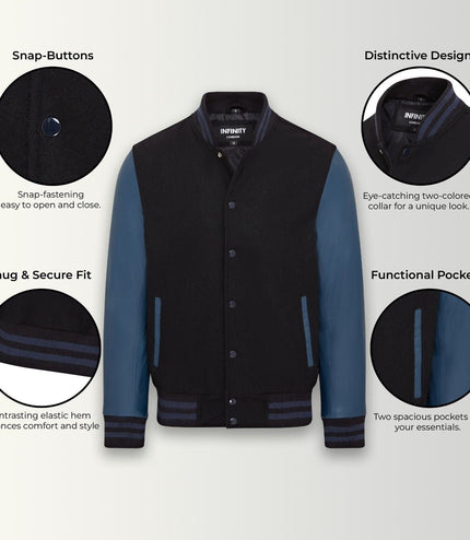 Letterman Baseball Wool Leather Varsity Bomber Jacket - Genoa - Black/Blue