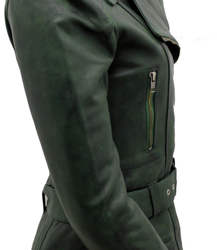 Womens Long Leather Biker Jacket-Quito - Grey
