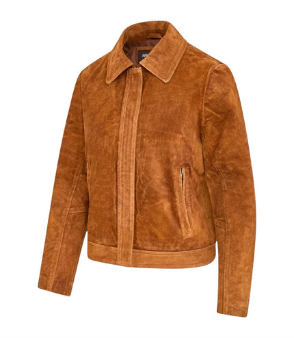 Women’s Tan Suede Leather Bomber Blouson Jacket - Varsity