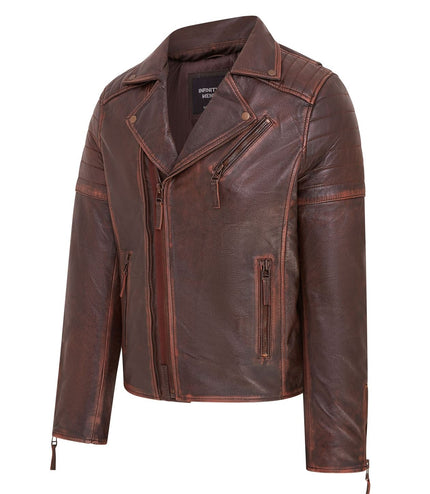 Mens Slim Fit Brando Style Double Cross Zip 100% Leather Biker Jacket - Brown